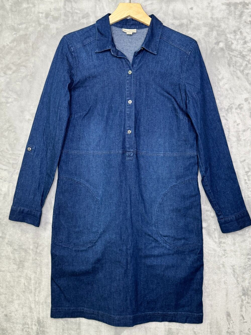 J. Jill Denim Dress Womens Small Quarter Button Cotton Stretch Roll Tab Sleeve